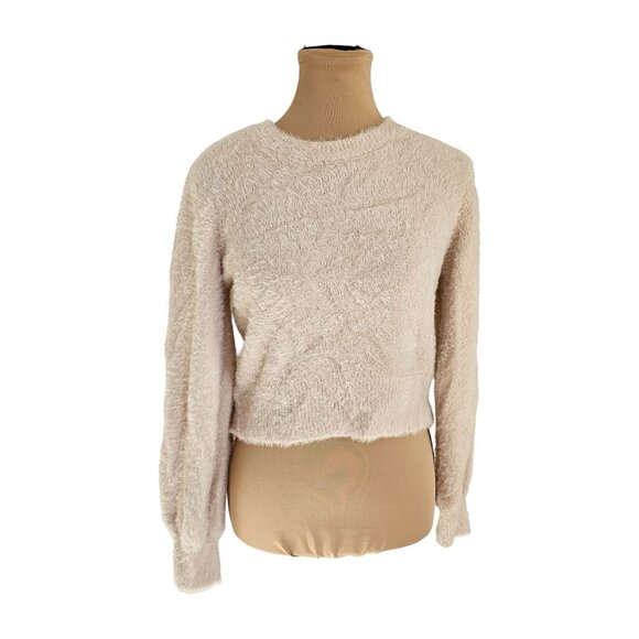 Sunday Best Light Pink Cream Faux Fur Cropped Long Sleeve Top Sz M - Picture 1 of 8